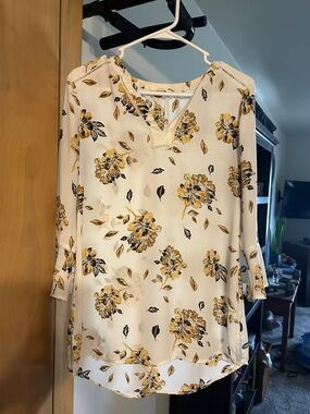 Maurices Women’s Floral Split-Neck Blouse - White with Mustard Floral